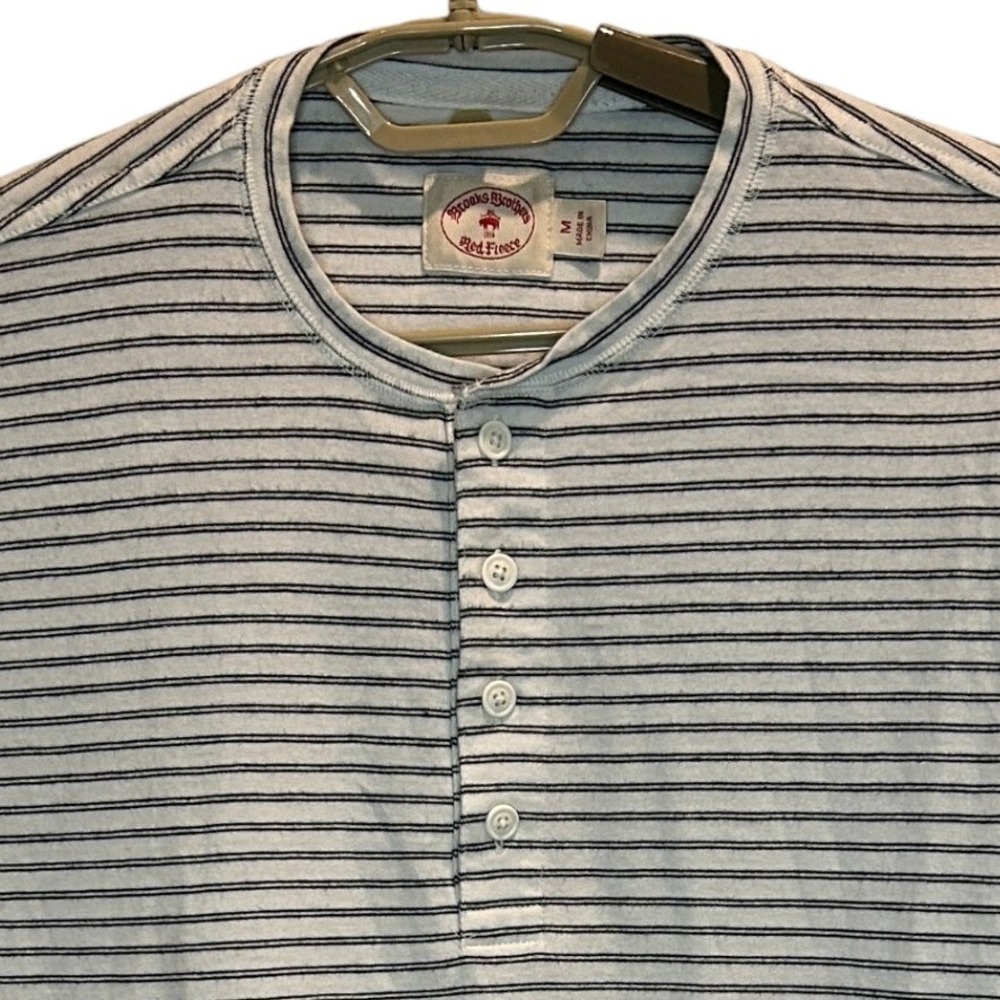 Brooks Brothers Red Fleece Henley Medium Mens White Navy Striped Cotton Wool